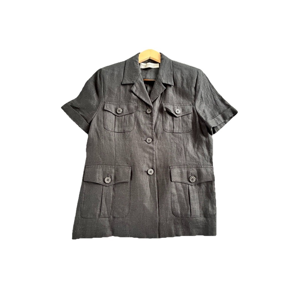 100% Linen Valerie Steven's Petites Button Down Womens 12P Black Short Sleeve